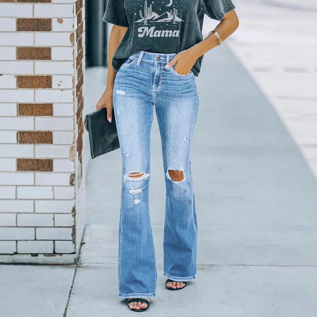 Women's Ripped High-Waisted Slimming Micro-Flare Jeans 2025 Fashion Washed