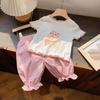 Girls Summer Cartoon Two Piece Set Cute Sweat Absorbing T Shirt And Three Quarter Length Pants For Kindergarten Kids