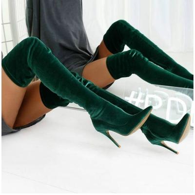 Samt Lange Stiefel Für Damen 2025 Neu Frühling Herbst Über dem Knie Schuhe Damen Spitze Zehen Stilettoabsätze Große Größen Elastische Oberschenkelhohe Stiefel