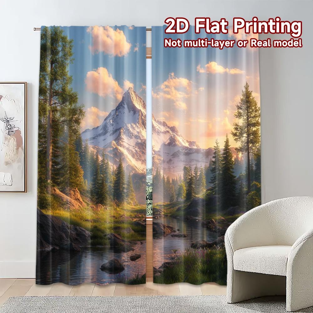 Set Of 2 Flat Printing Curtains Without Rod Mountain Serenity Creative Prints Home Modern Sheer Made Polyester
