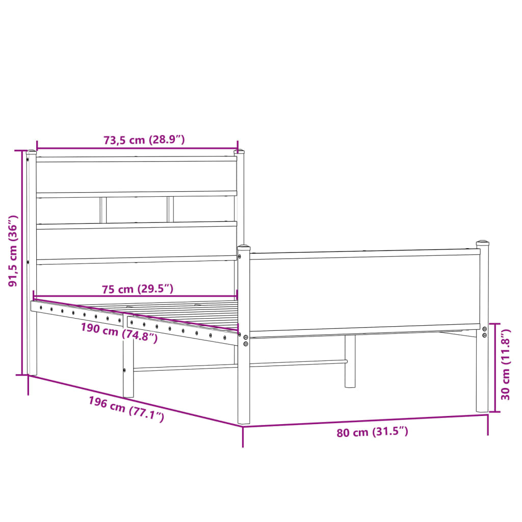 Bed Frame without Mattress Sonoma Oak Finish 75 x 190 cm Engineered Wood