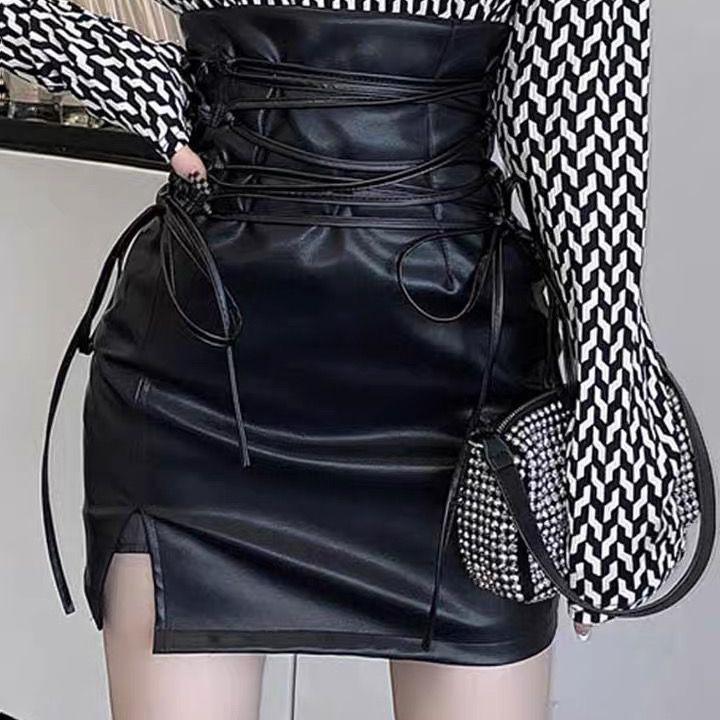 2025 New Autumn/Winter Petite High-Waisted Split Leather Midi Skirt for Women - Spicy Girl Collection