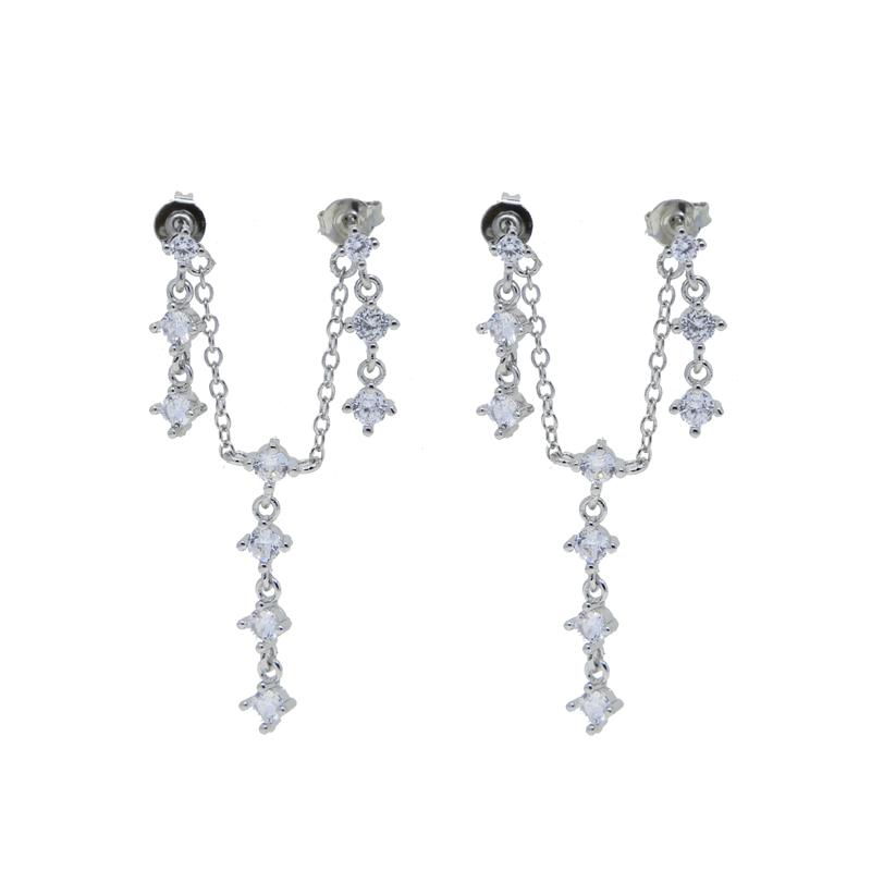2023 Double Piercing Micro Pave Cubic Zircon Station Link Chain Tassel Drop Earring Women Fashion Jewelry