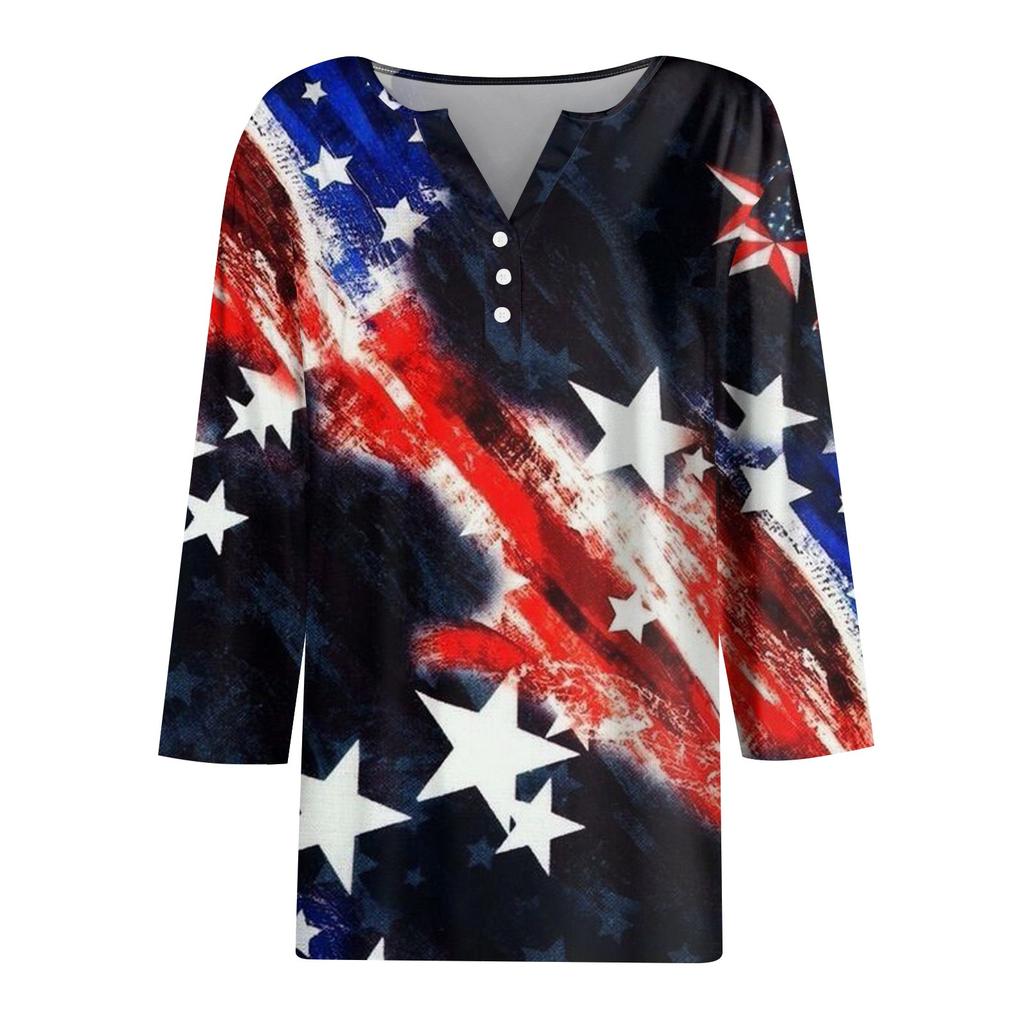 3/4 Length Sleeve Womens Tops Print Vintage Fashion Casual Loose With V Neck Plus Size Shirts Independence Day