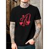 European Size Men's Casual Summer Short Sleeve T-Shirt- Chestnut Solid Color with Red Heart Letter A Pattern Print, Round Neck Regular Fit