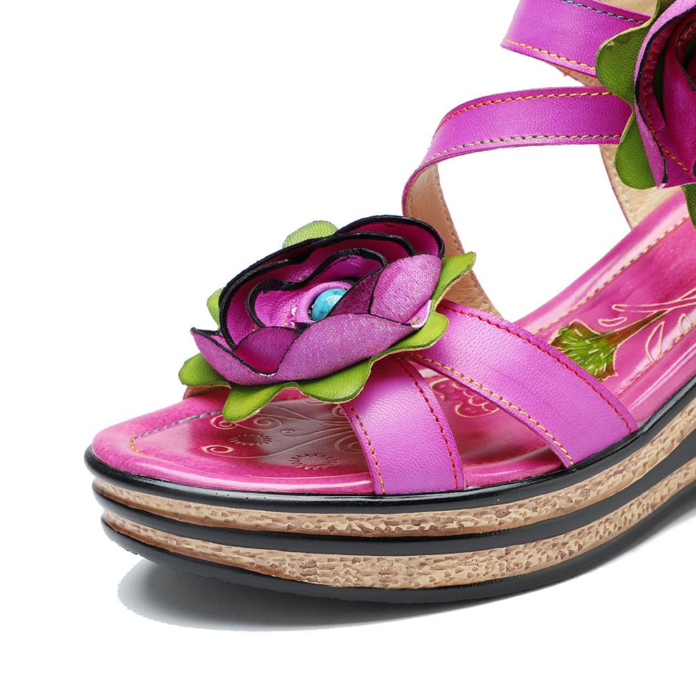 Johnature Vintage-Blumen-bequeme Sommer-Wedges-Sandalen aus echtem Leder, handgefertigt, ethnischer Stil, Damenschuhe