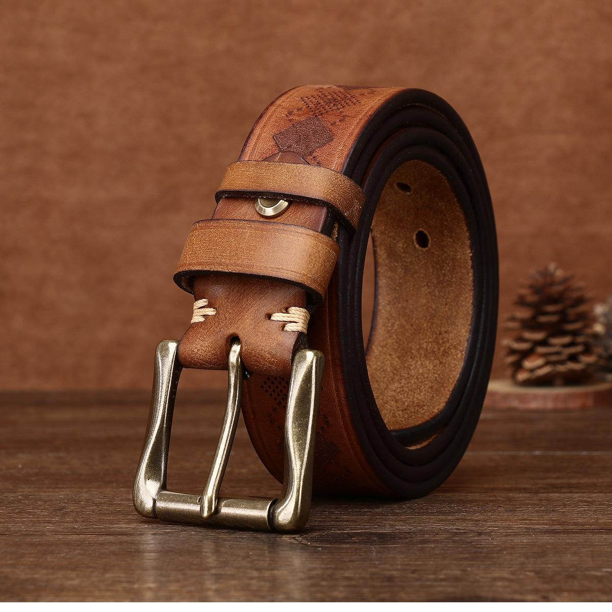 

3.8CM Wide and Thick Fashionable Laser Engraved Belt for Men, Made of Aged Pure Cowhide Leather Belt 105cm