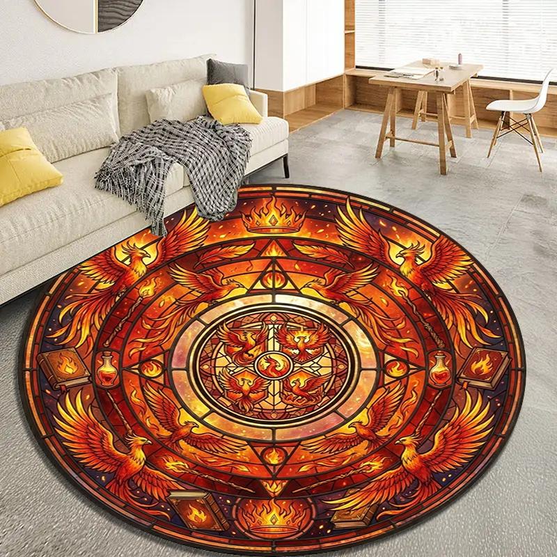 Phoenix Retro Mandala Round Area Rug,Carpet Rug for Living Room Bedroom Sofa Playroom Decor,Non-slip Floor Mat Q0029
