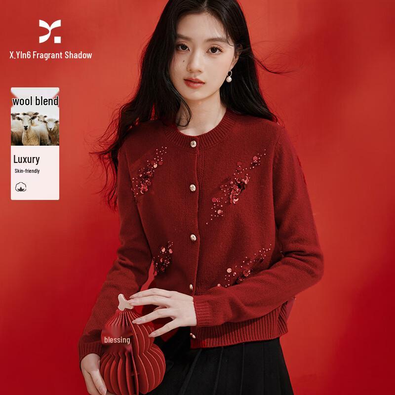 Xiangying Women s New Year Red Sequin Knit Cardigan S