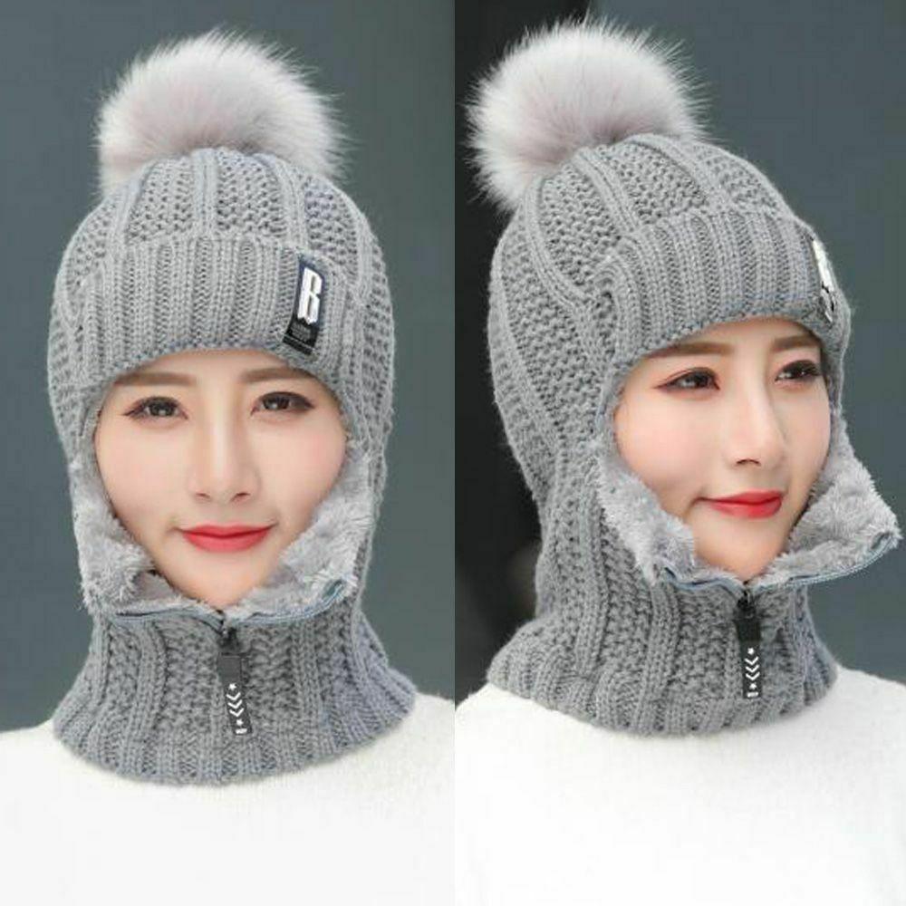 Hochwertiger Winter Siamese Schal Kragen Wolle Gestrickte Mütze Beanie Kappen Mütze Skifahren Reiten Bommel Mütze Plüsch Fleece Ohrenmütze(6 Farben)