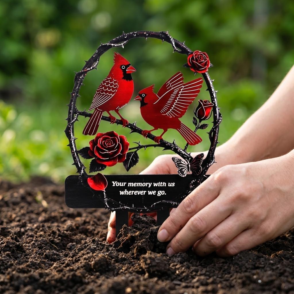 Memorial Garden Stake with Cardinal Bird and Rose Design for Cemetery Graveyard Remembrance Outdoor Decoration