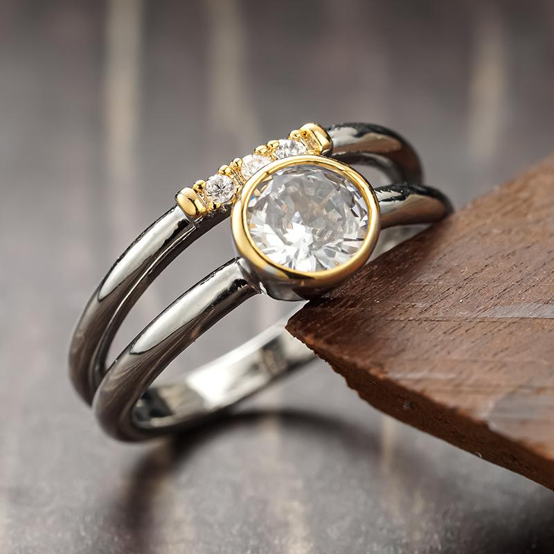 Huitan Vintage Women Two Tone Ring Inlaid Bright Round CZ Simple Style Party Daily Low-key Anti CopperColor Accessories Jewelry
