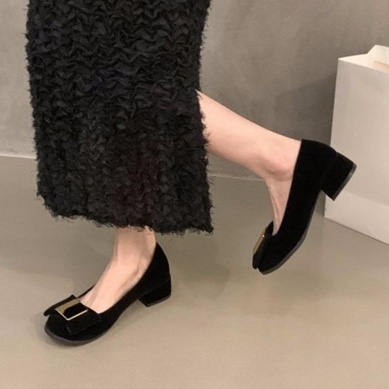 2025 Chunky Women Shoes Suede Shallow Mid Heels Fashion Dress Shoes Woman Trend Autumn Designer Pumps Elegant Chaussure Femme