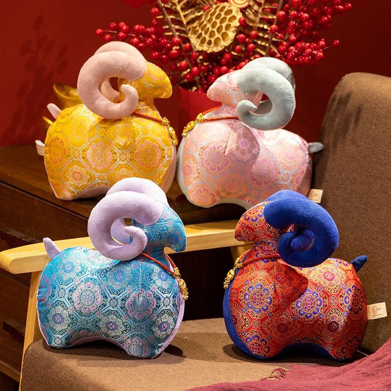 1Pcs Chinese Zodiac Sheep Mascot Plush Doll Traditional Jacquard Fabric Ornament Festive Lucky Sheep Stuffed Toy For Home Decor