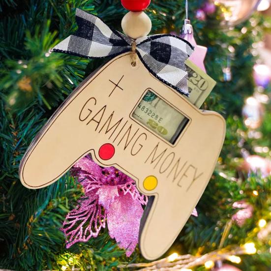 Handmade Wooden Money Holder Christmas Tree Reindeer Money Clip Wallet Ornament with Blessing Placing Money Dispenser for Christmas Tree Home