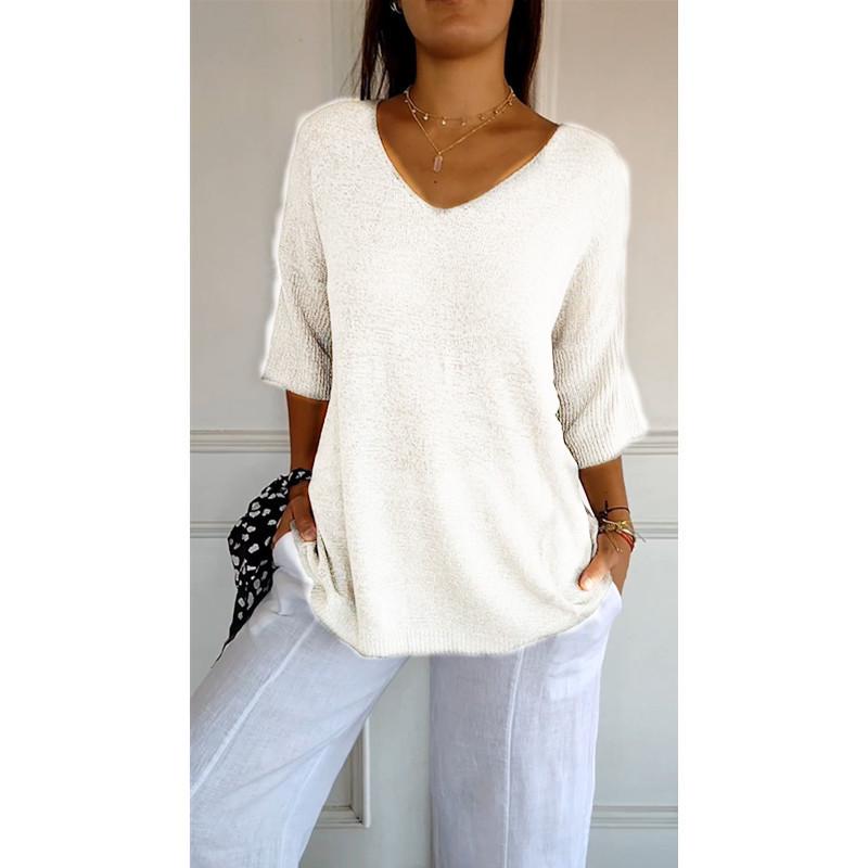 Women's European & American V-Neck Knit Sweaters, Slim Fit, Solid Color, 3/4 Sleeves, Casual Style