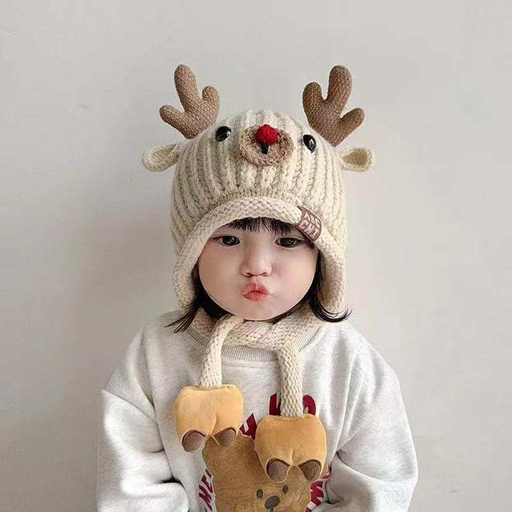 Cute Knitted Warm Baby Ear Protection Cap Christmas Elk Kids Winter Lacing Hat Outdoor Windproof Boys Girls Earmuff Beanie