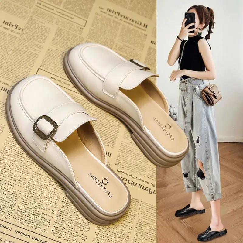 Fashion Leather Women's Slippers And Ladies Sandals Round Toe Mules Shoes Black Slides On Promotion Youthful Emo Sale Easy Wears Eva 39