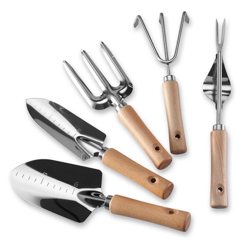 Garden Tool Set: Wooden Handle Shovel & Three-Tooth Rake for Planting and Horticulture