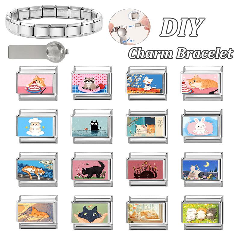 New Cute Animals Series Cat Dog Moon Heart Flowers Italian Charm Beads Fit 9mm Stainless Steel Module DIY Bracelet Jewelry Gift