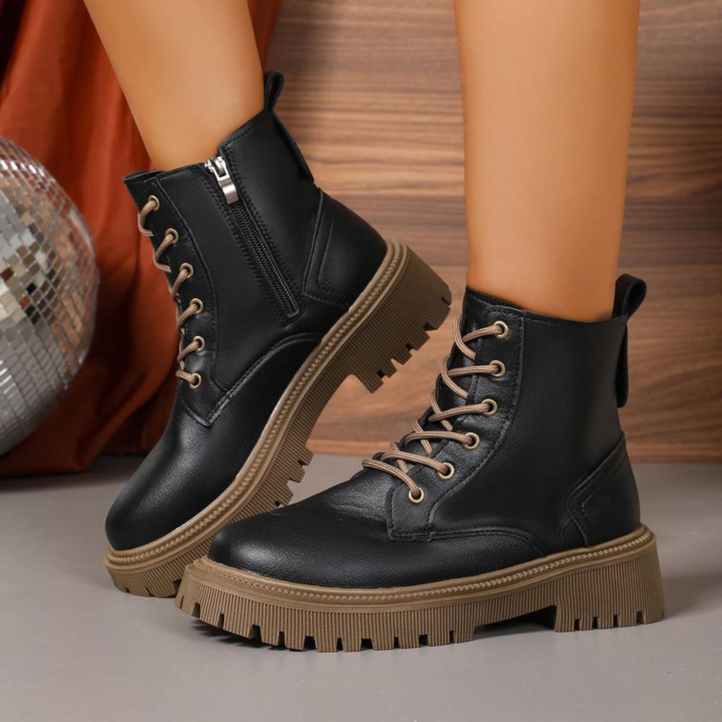 Women'S Casual Retro Lace Up Thick Soled Soft Leather Ankle Boots British Short Boots Women'S Boots Wide Botas Invierno Mujer