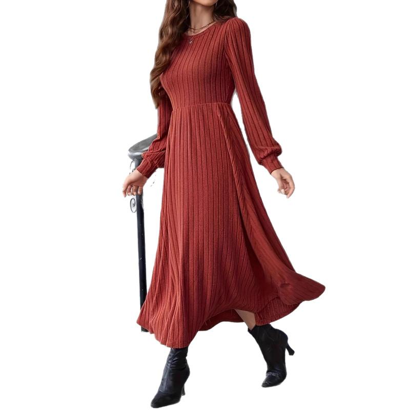 Solid Color Round Neck Long Sleeve Pullover Casual Elegant Thread Fashionable Dress