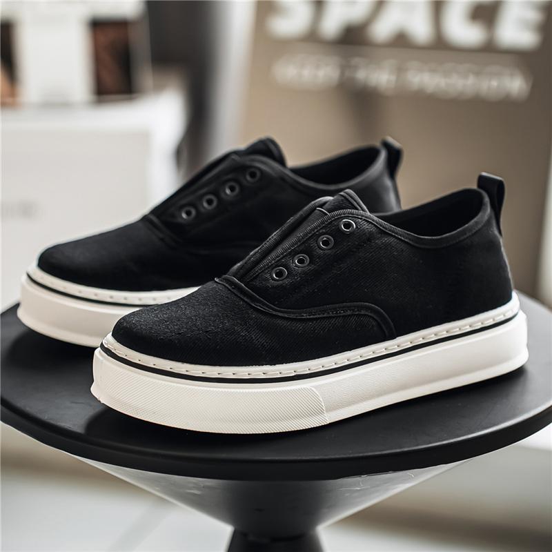 Fashion Black Men Casual Canvas Shoes Slip-on Platform Sneakers Comfortable Lightweight Breathable Daily Walking Footwear