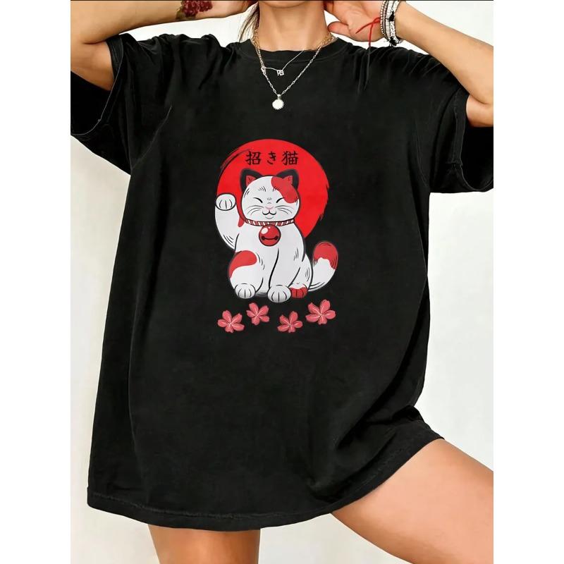 Oversize Women's Short-Sleeve T-Shirt with Red & White Maneki-neko Text and Cherry Blossom Decor Print