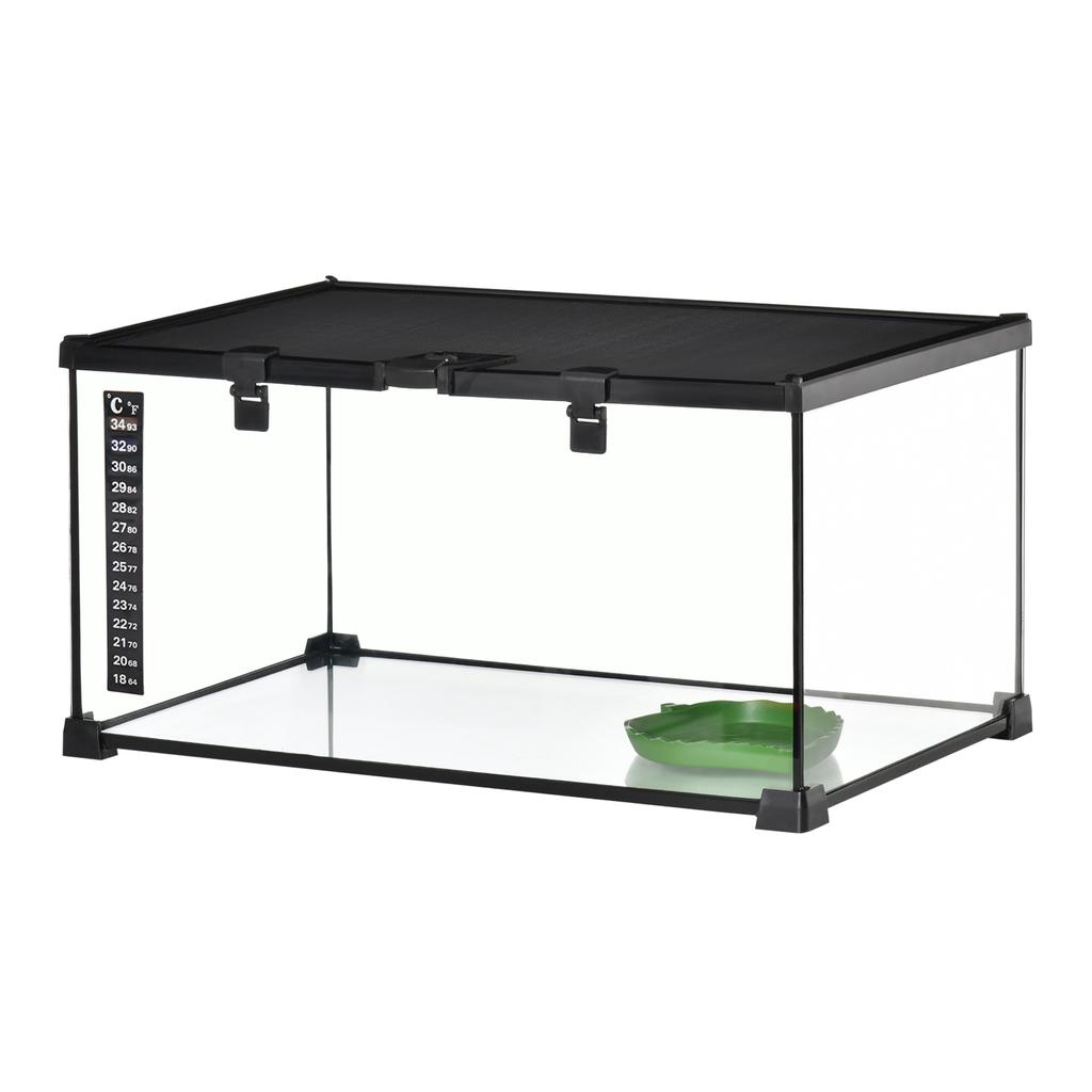 Raised Reptile Terrarium with Lock and Thermometer, Glass and Wire Mesh, 50x30x25 Cm, Black