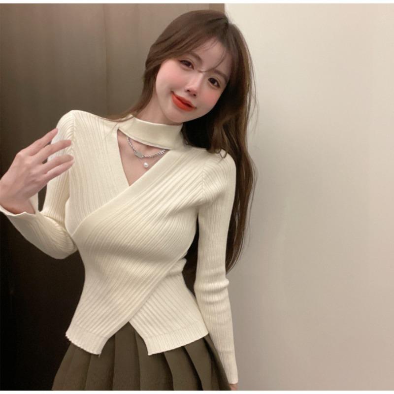 Cross-neck neck knitted sweater women's autumn and winter irregular unique chic top with sweater bottoming shirt