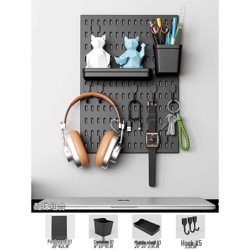 No-Drill Wall-Mounted Pegboard: Customizable Storage Hooks & Baskets Display for Home or Study Room.