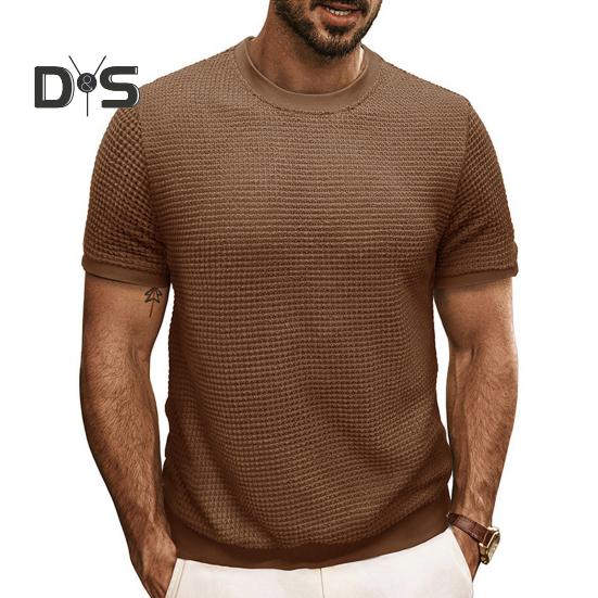 Summer Men Tops Knitted Round Neck Short Sleeves Solid Color Ribbed Elastic T-shirt Slim Fit Pullover Casual Daily Clothes