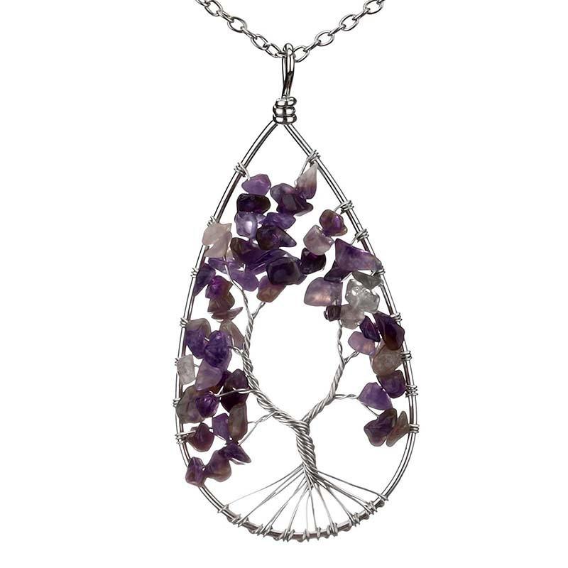 Silver Tree of Life Necklace with Seven-Color Natural Stone and Crystal Water Drop Pendant