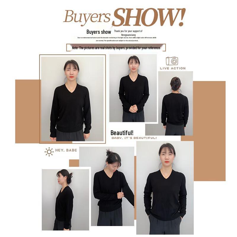 Hengyuanxiang Women's 100% Pure Wool V-neck Loose Sweater