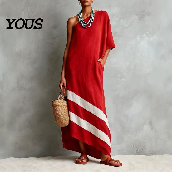 Women Casual Dress One Shoulder Maxi Dress, Color Block Loose Solid Long Summer Beach Vacation Flowy Sundress with Pockets Elegant