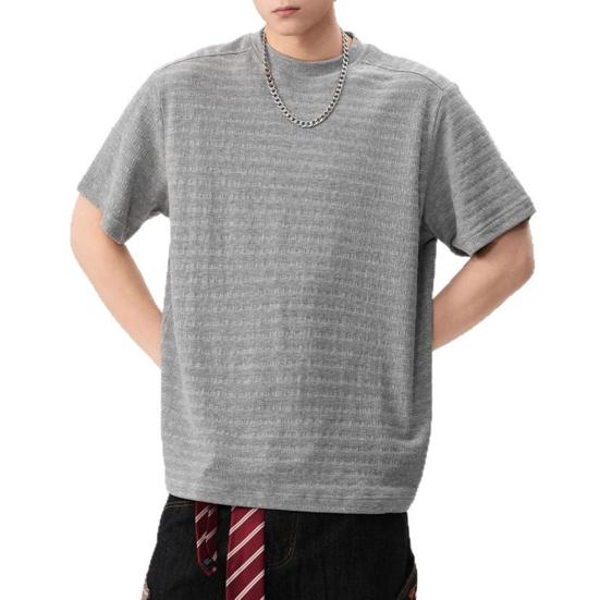 Men T-shirt Round Neck Short Sleeve 3D Striped Jacquard Design Tee Shirt