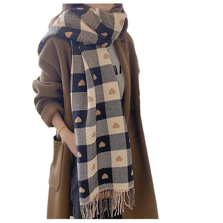 Women's Autumn Winter Sweet Scarf Korean Style Plaid Small Love Pattern Christmas Warm Vintage Warm Scarf EMA