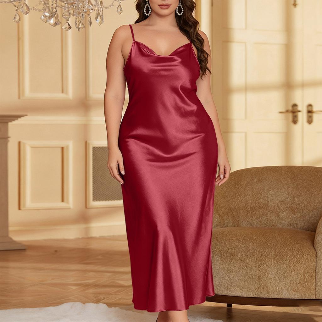 Women Plus Size Satin Slip Dress Adjustable Spaghetti Strap V Neck Midi Length Nightgown Lingerie Sleepwear Chemise