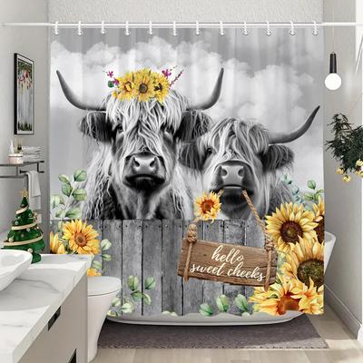 Drôle Vache des Highlands Dans Baignoire Rideau de Douche Plantes Vertes Feuilles d'Eucalyptus Tournesol Lavande Rideaux de Douche Décor de Salle de Bain