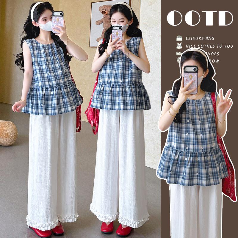 Summer 2026 Maternity Plaid Cotton Embroidered Doll Shirt & Wide-Leg Pants Two-Piece Set M