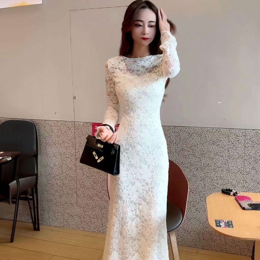 

Платье с длинными рукавами из французского кружева для осени-зимы, приталенное, с утягивающим эффектом, юбка годе с запахом XL