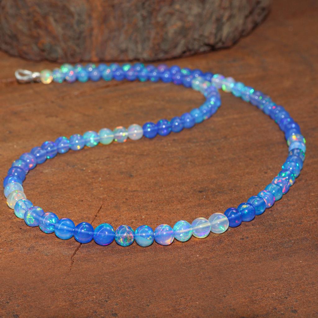 Natural Blue Shaded Opal Gemstone Beads Necklace, Ethiopian Blue Opal Beaded Necklace, Handmade Necklace for Women, Birthstone Gift for Her