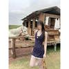 Floral Dress Summer Casual Temperament New Neck Blue Long Dress Niche Lace Skirt