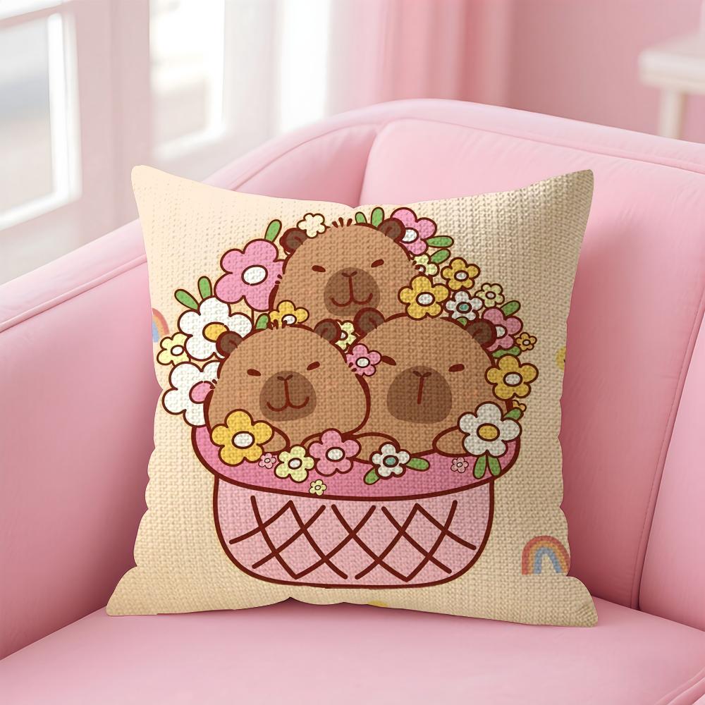 Caybara Cute Cushion Cover Natural Linen Pillow Case DoubleSided Print Decorative Sofa Pillowcase Home Decor Gift