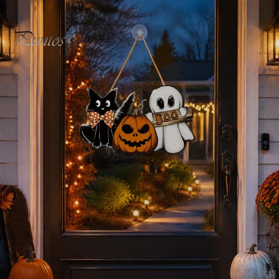 Halloween Window Display Wooden Door Sign, Pumpkin Ghost Boo Black Cat Welcome Hanging Wood Decor Sign for Trick or Treat Party Indoor Outdoor