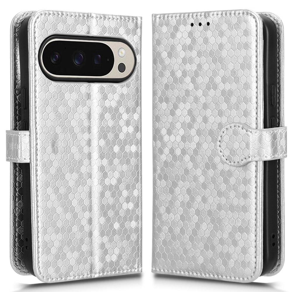 

For Google Pixel 9 Pro/Pixel 9 Wallet Case Dot Pattern Imprint PU Leather Phone Cover Silver