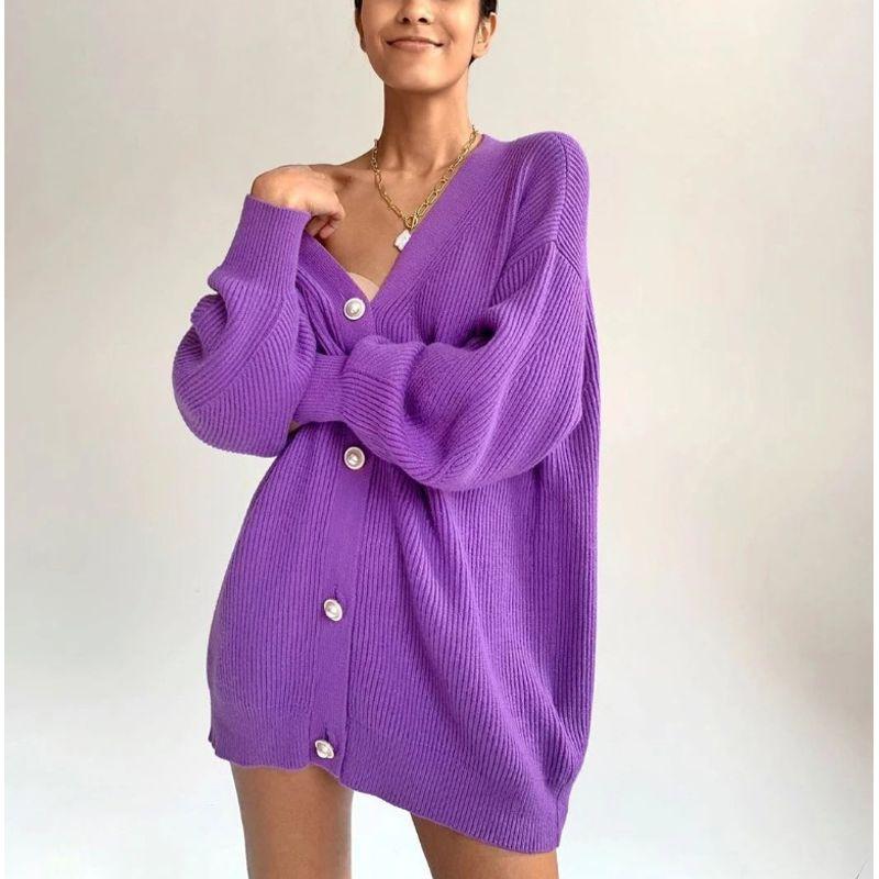 Fashion Sweater Outwear Pure Color Casual Cardigan Loose Knitting Breasted Women Knitted Jacket