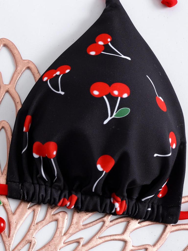 Cherry Print Lace-up Color Block Bikini Thong Set