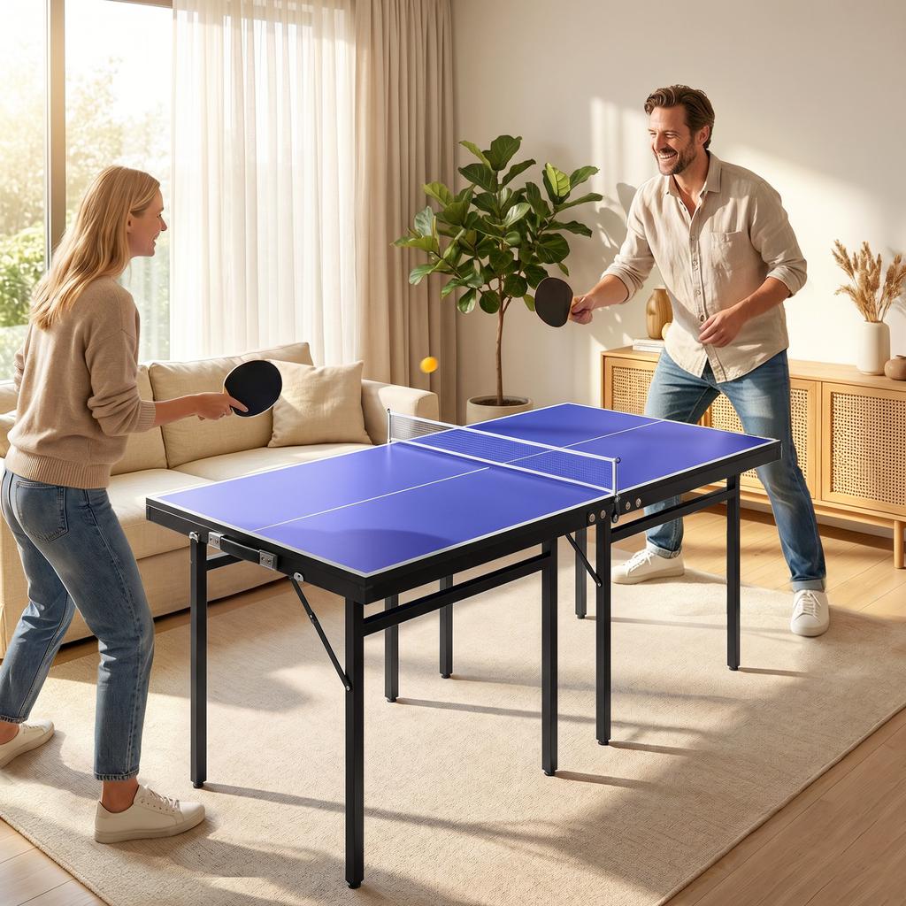 Folding 5ft Mini Compact Table Tennis Top Ping Pong Table Set Professional Net Games Sports Training Play Blue