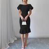 Dámské krátké šaty bodycon s puf rukávy, šaty s kulatým výstřihem a volánovým mořským lemem, koktejlové midi šaty pro svatebního hosta